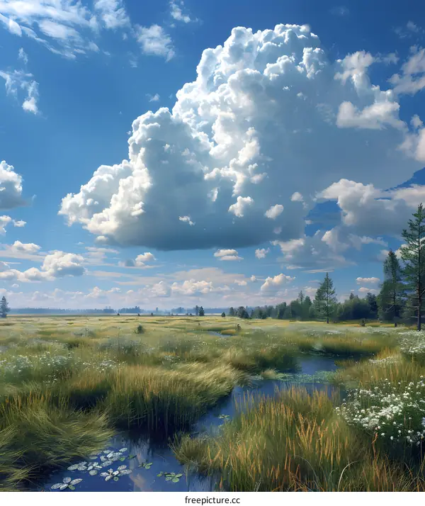 Beautiful landscape with a large white cloud in the blue sky over a green field with a river flowing through it