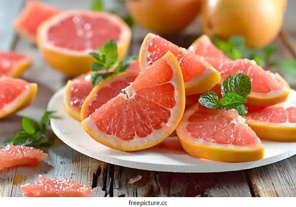 Fresh Sliced Grapefruit on a White Plate