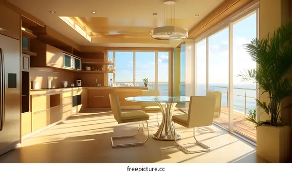 Modern Kitchen with Sea View and Glass Table