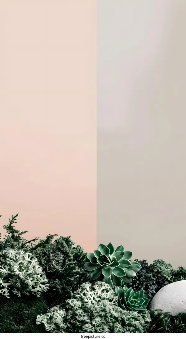 Minimalist Green Plants and Stone on a Wall Background