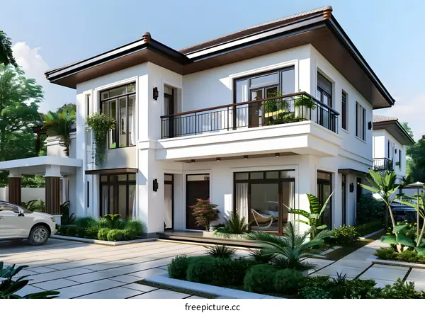 Modern White Villa with Balcony and Garden