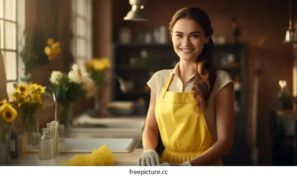 Smiling Female Standing in Kitchen by Countertop