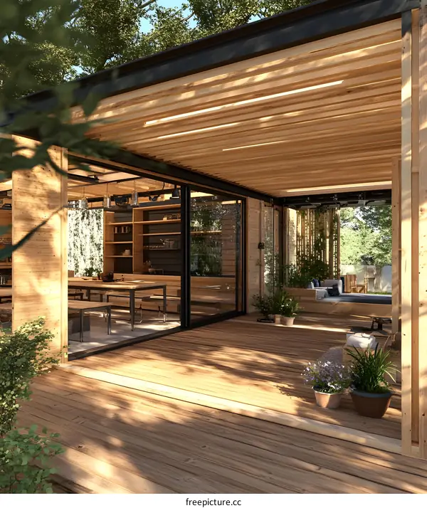 Modern Wooden Cabin with Glass Walls and Deck