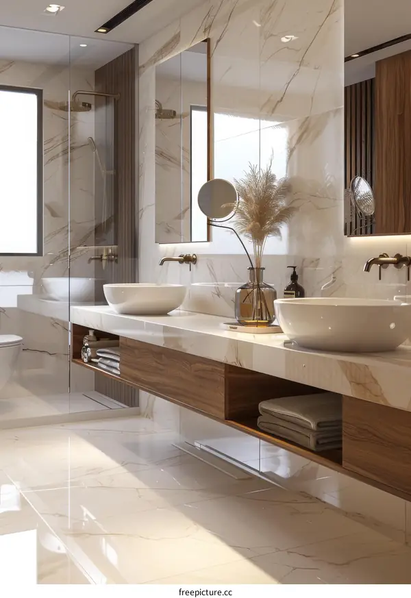 Bathroom interior with his and her sinks, mirrors, and a large shower.