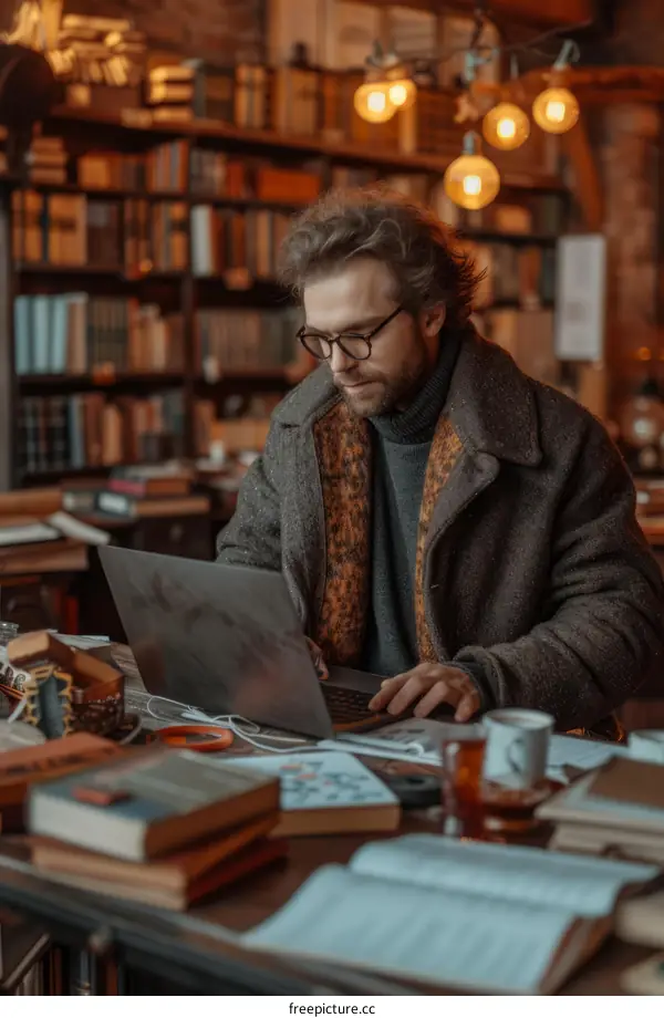 Bearded man in glasses using laptop in library