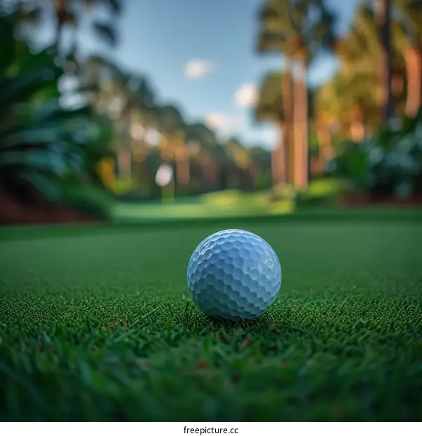 Close-up of a golf ball on a putting green with the green blurred in the background
