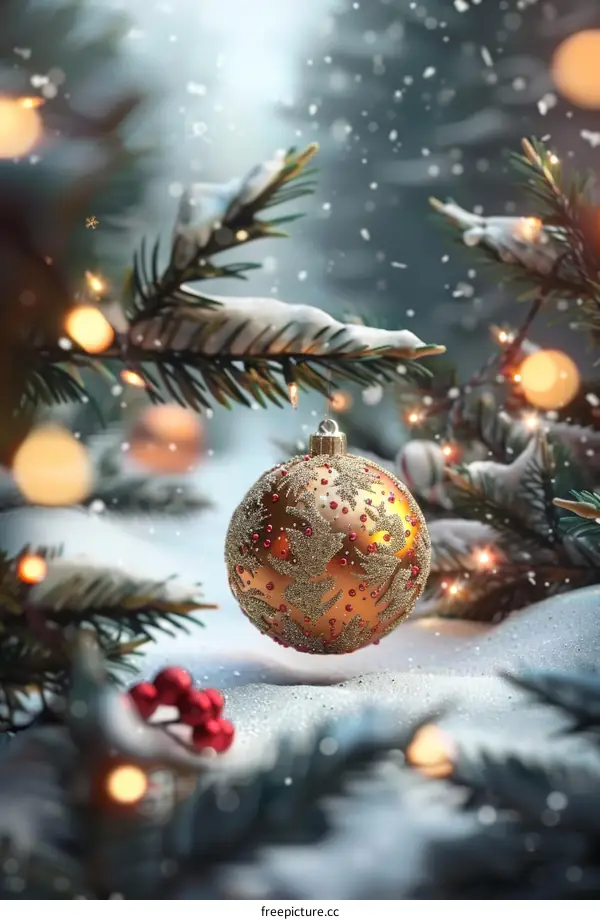 Christmas Ornament Hanging on a Snowy Tree Branch