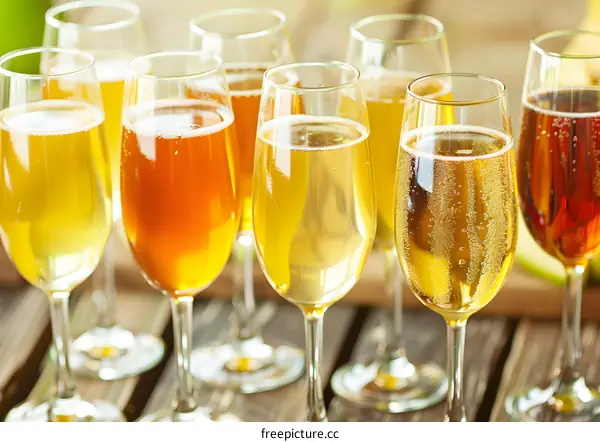 Close Up Of Different Colored Alcoholic Beverages In Wine Glasses