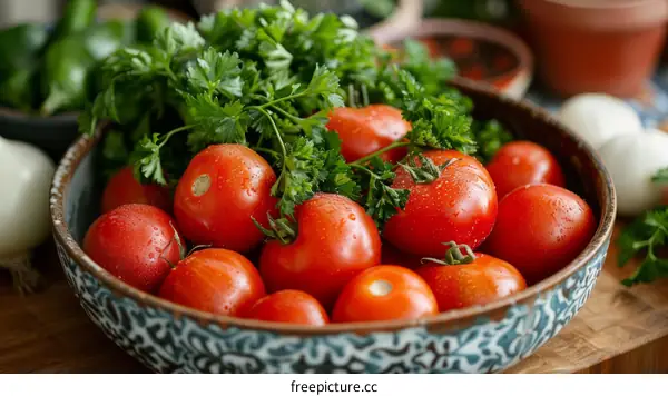A bowl of fresh organic tomatoes with parsley on a wooden table