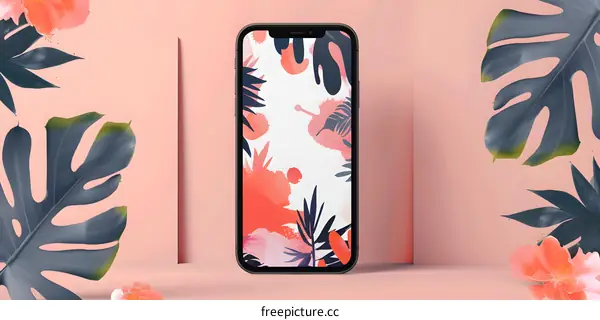 Phone with Tropical Leaves and Watercolor Abstract Background