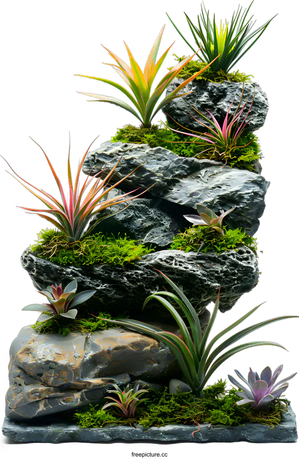 [Transparent Background PNG]Miniature rock garden with various succulents and mosses