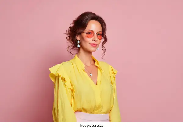 Stylish Woman in Yellow Blouse and Pink Sunglasses