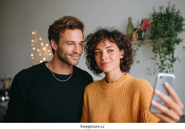 Couple Taking Selfie in Cozy Cafe Atmosphere
