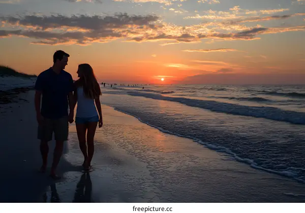 Couple Walking on the Beach at Sunset