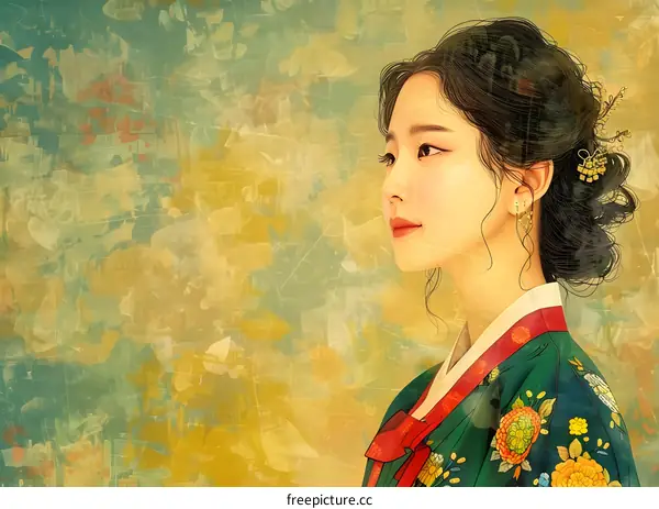 Beautiful Asian Woman in Traditional Korean Hanbok Dress