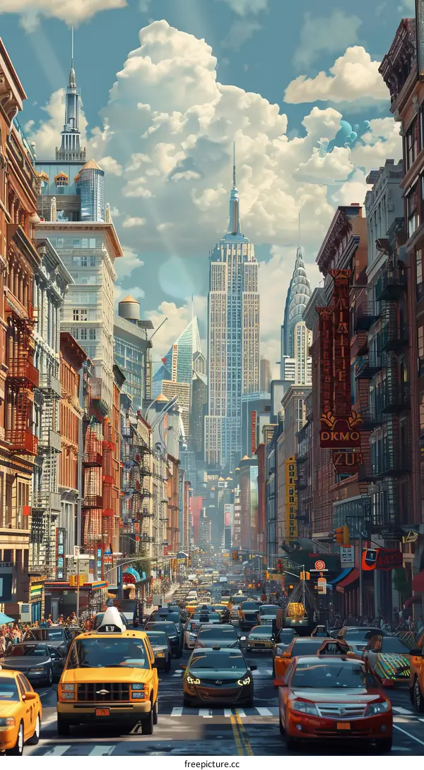 Busy City Street with Skyscrapers