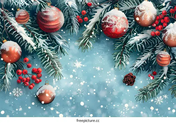 Christmas ornaments hanging on a snowy branch