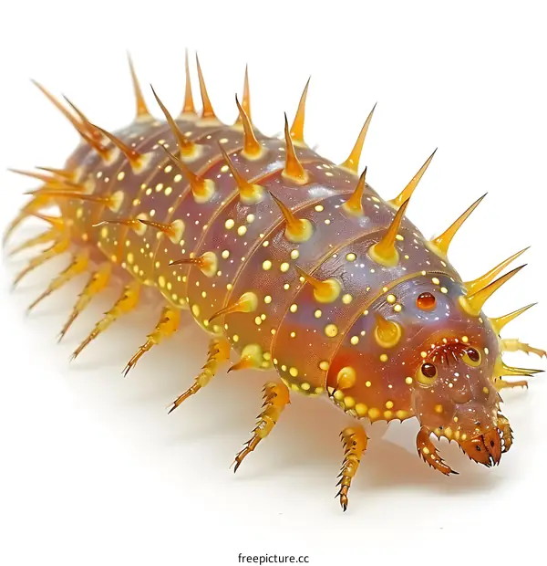A close-up image of a caterpillar with yellow and orange spikes
