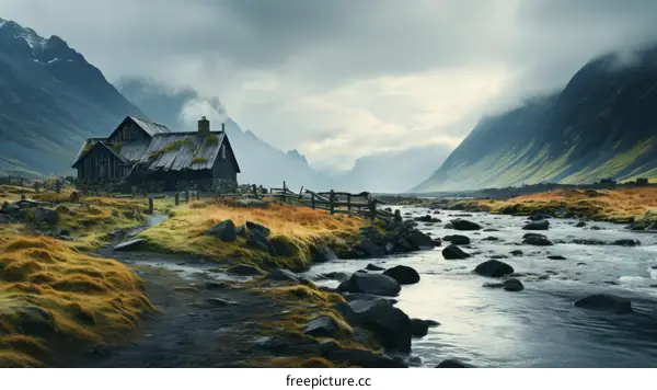 Thatched roof house in valley with mountains and river
