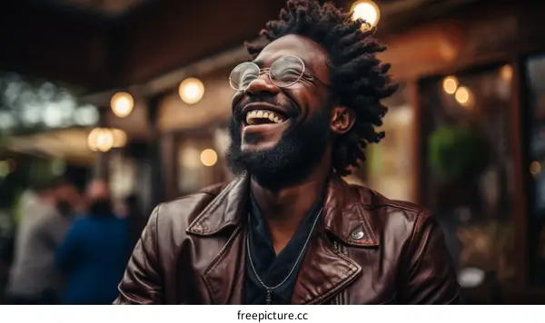 Portrait of a joyful African-American man with beard wearing brown leather jacket and glasses