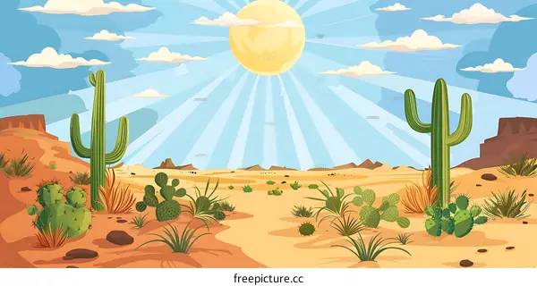 Desert Landscape with Cacti and Sunbeams