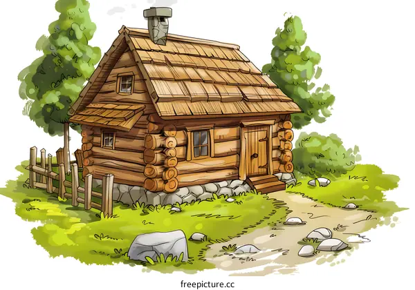 Cartoon Illustration of a Wooden Cabin in the Forest