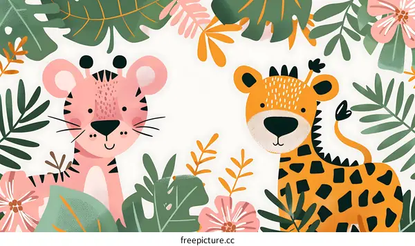 Cute Cartoon Tiger and Leopard in Jungle Illustration