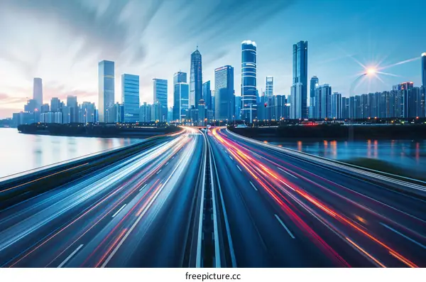 Urban Expressway at Night with Dynamic Light Trails