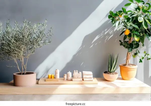 Modern Plants Display on Wooden Shelf