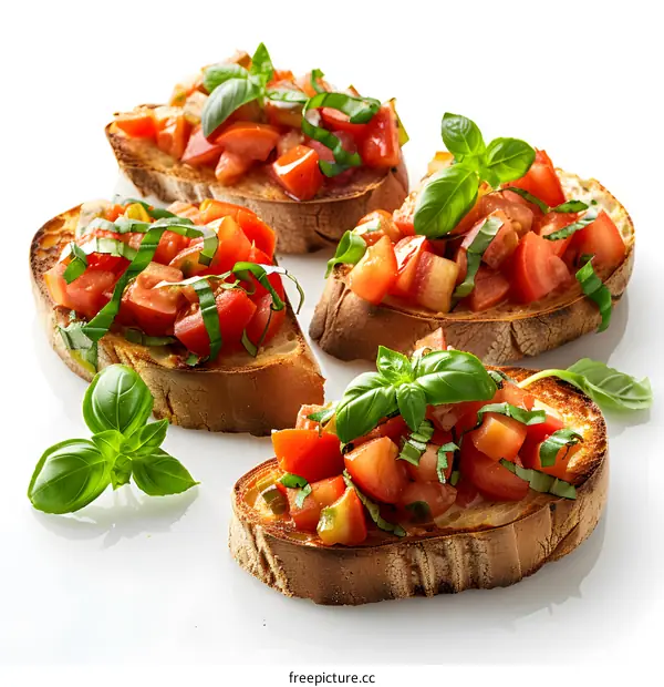 Four slices of bruschetta with tomatoes and basil on a white background