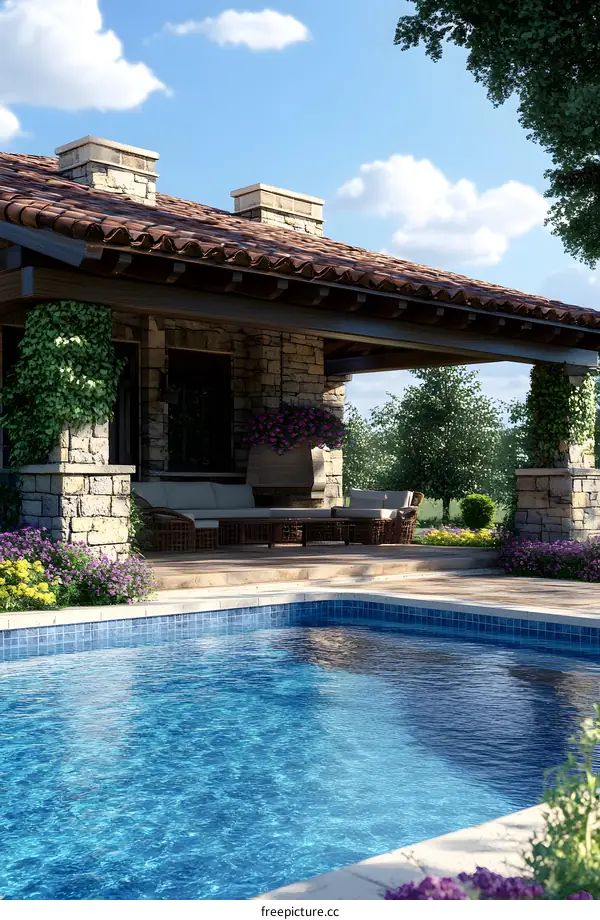 Luxury Backyard Pool With Stone Patio And Covered Patio