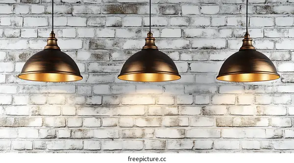 Vintage Industrial Pendant Lights on White Brick Wall