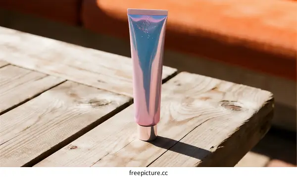 A metallic pink and blue tube of skincare product on wooden table