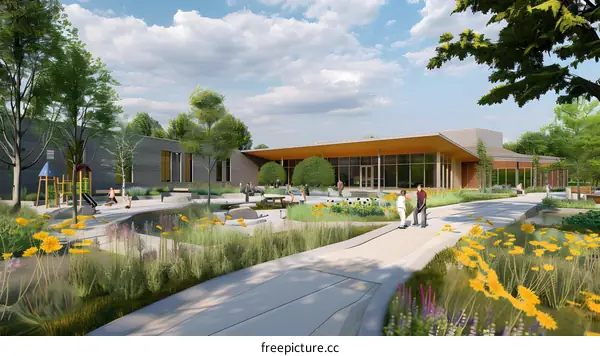 Modern Building Landscape Design With Playground And Grass