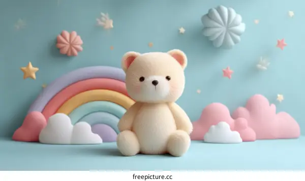 Adorable Teddy Bear in a Pastel Rainbow Sky Scene
