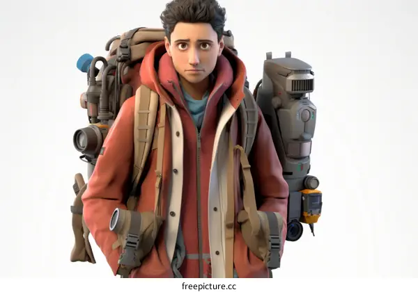 A young man wearing a red jacket and a backpack with a robot on his back