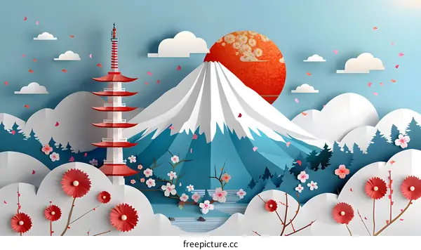 Japanese Paper Art Illustration With Mountain, Pagoda And Cherry Blossoms