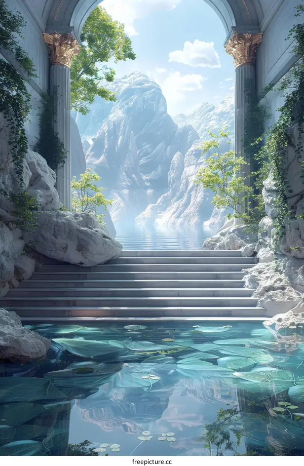 Tranquil Mountain Vista Through an Ancient Archway