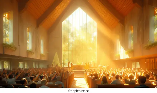 Church building interior with a large stained glass window