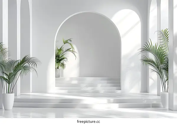 Minimalist White Room With Arches and Plants