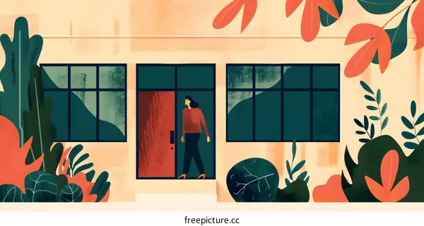 Woman Leaving a Building with Red Door and Green Plants