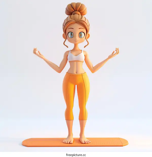 A cartoon girl with brown hair in a bun is doing yoga