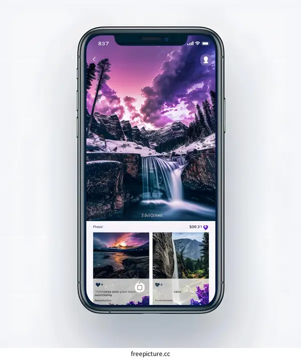Mountain Waterfall Landscape on Mobile Phone Screen