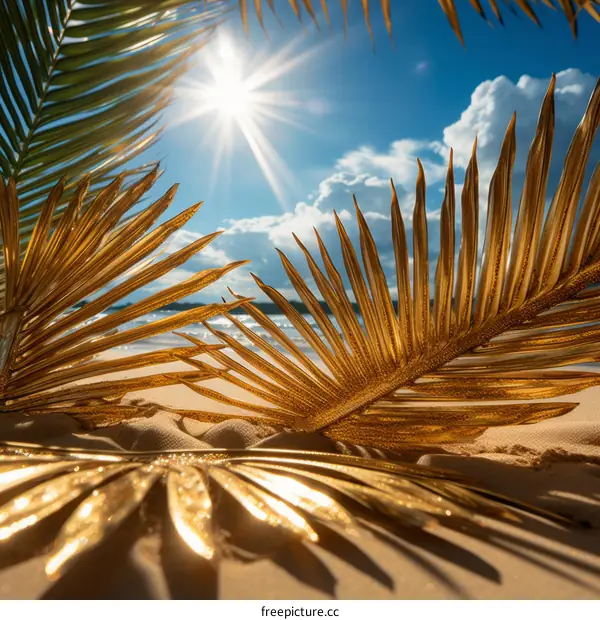 Golden palm leaves on a sandy beach with a blue sky and sun in the background