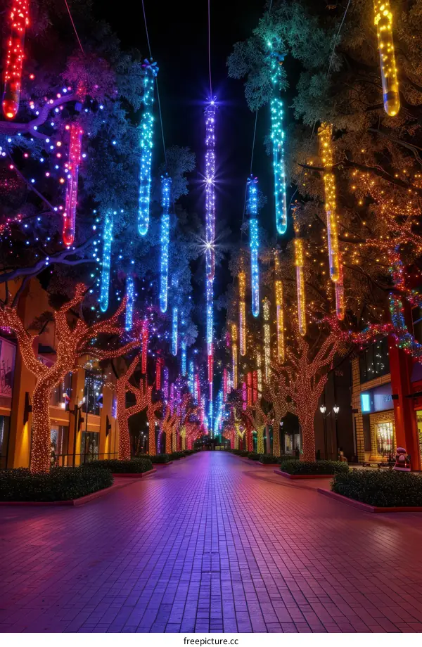 Glowing Christmas lights hanging over a brick walkway