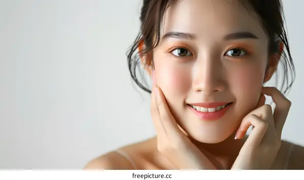 Closeup Portrait of Young Asian Woman with Soft Skin and  Smiling Expression