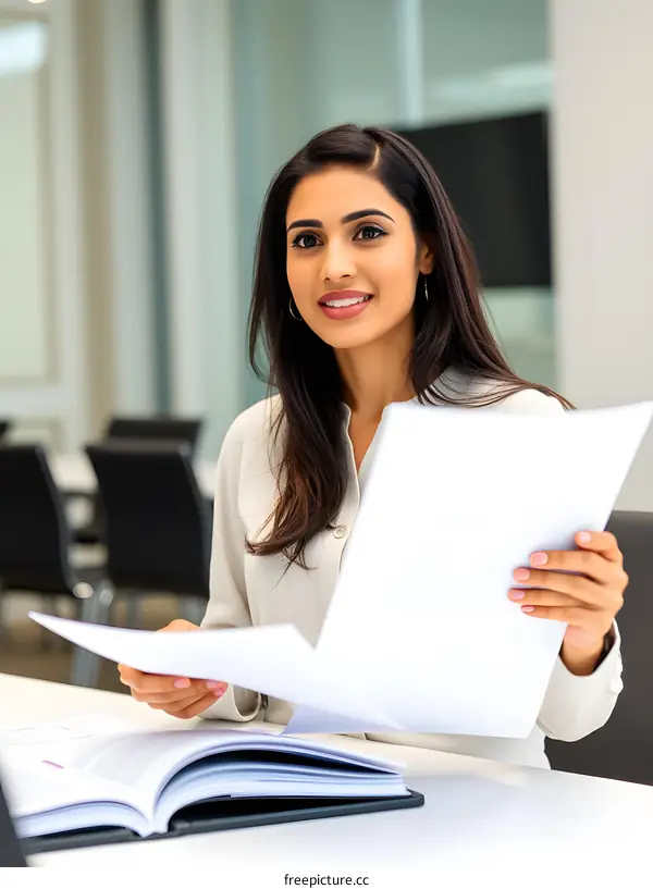 Indian Businesswoman Reviewing Documents at Office Desk