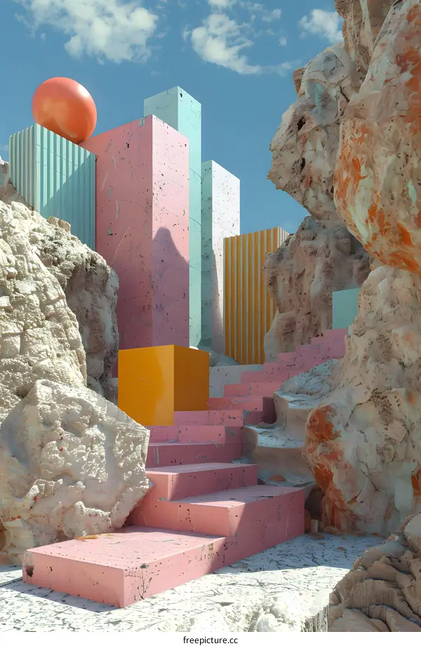 Pink staircase in between large rocks and colorful geometric shapes