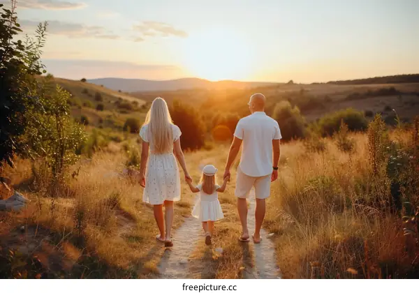 Family of three holding hands walking into the sunset