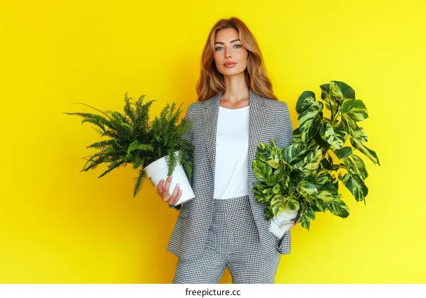 Stylish Woman Holding Plants Against Yellow Background